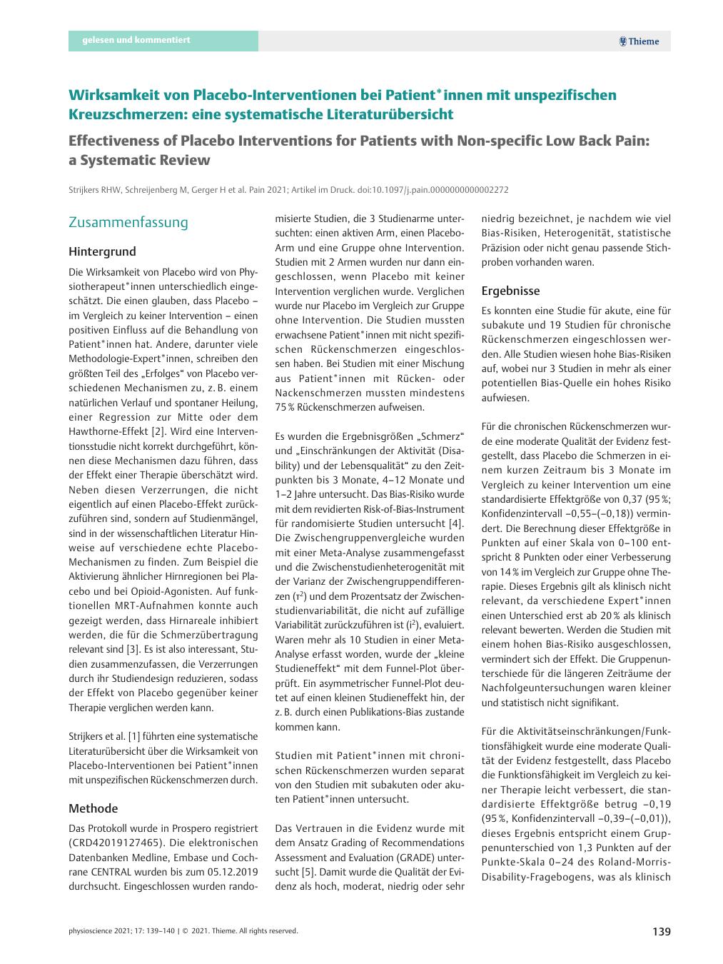 Vorschauseite 1: Wirksamkeit von Placebo-Interventionen bei Patient*innen mit unspezifischen Kreuzschmerzen: eine systematische Literaturübersicht