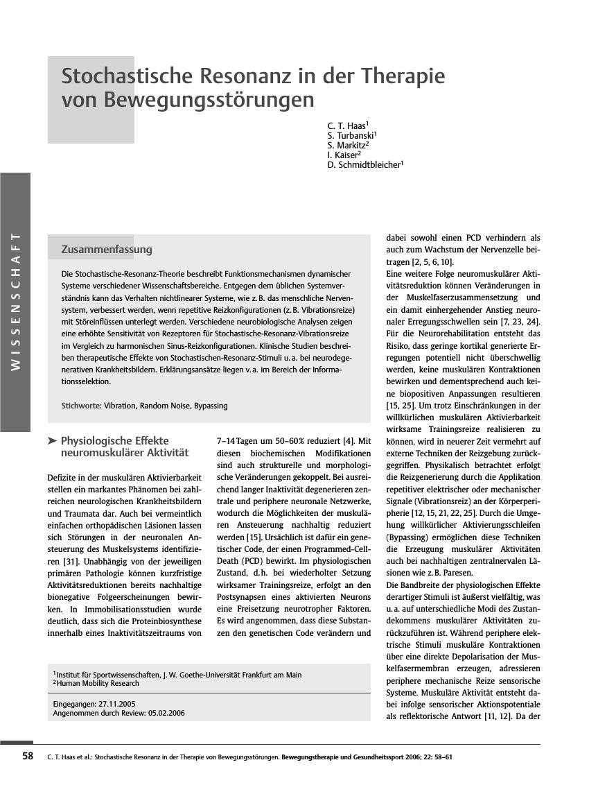 Vorschauseite 1: Stochastische Resonanz in der Therapie von Bewegungsstörungen