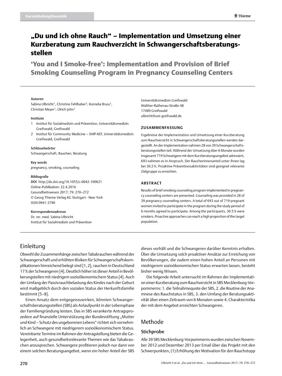 Vorschauseite 1: ? Du und ich ohne Rauch? ? Implementation und Umsetzung einer Kurzberatung zum Rauchverzicht in Schwangerschaftsberatungsstellen