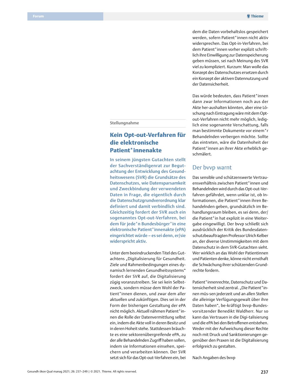 Vorschauseite 1: Stellungnahme – Kein Opt-out-Verfahren für die elektronische Patient*innenakte (Note: The asterisk (*) is used here to avoid gender-specific language. )
