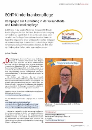 Vorschauseite 1: ECHT Kinderkrankenpflege Kampagne zur Ausbildung in der Gesundheitsund Kinderkrankenpflege