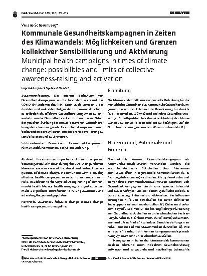 Vorschauseite 1: Kommunale Gesundheitskampagnen in Zeiten des Klimawandels: Möglichkeiten und Grenzen kollektiver Sensibilisierung und Aktivierung