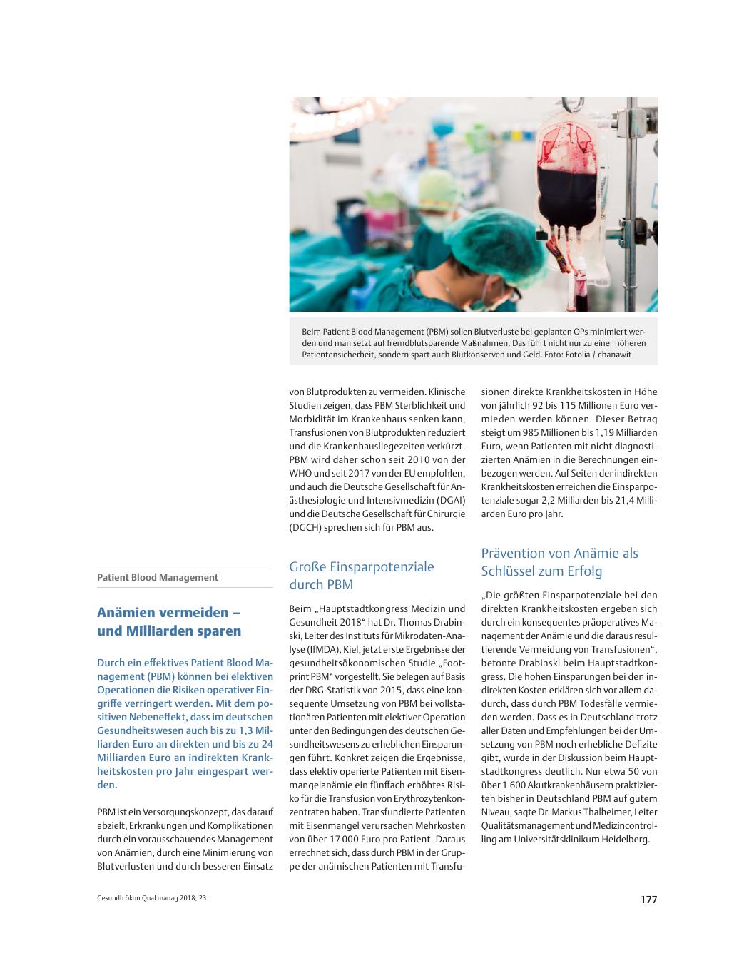 Vorschauseite 1: Patient Blood Management ? Anämien vermeiden ? und Milliarden sparen
