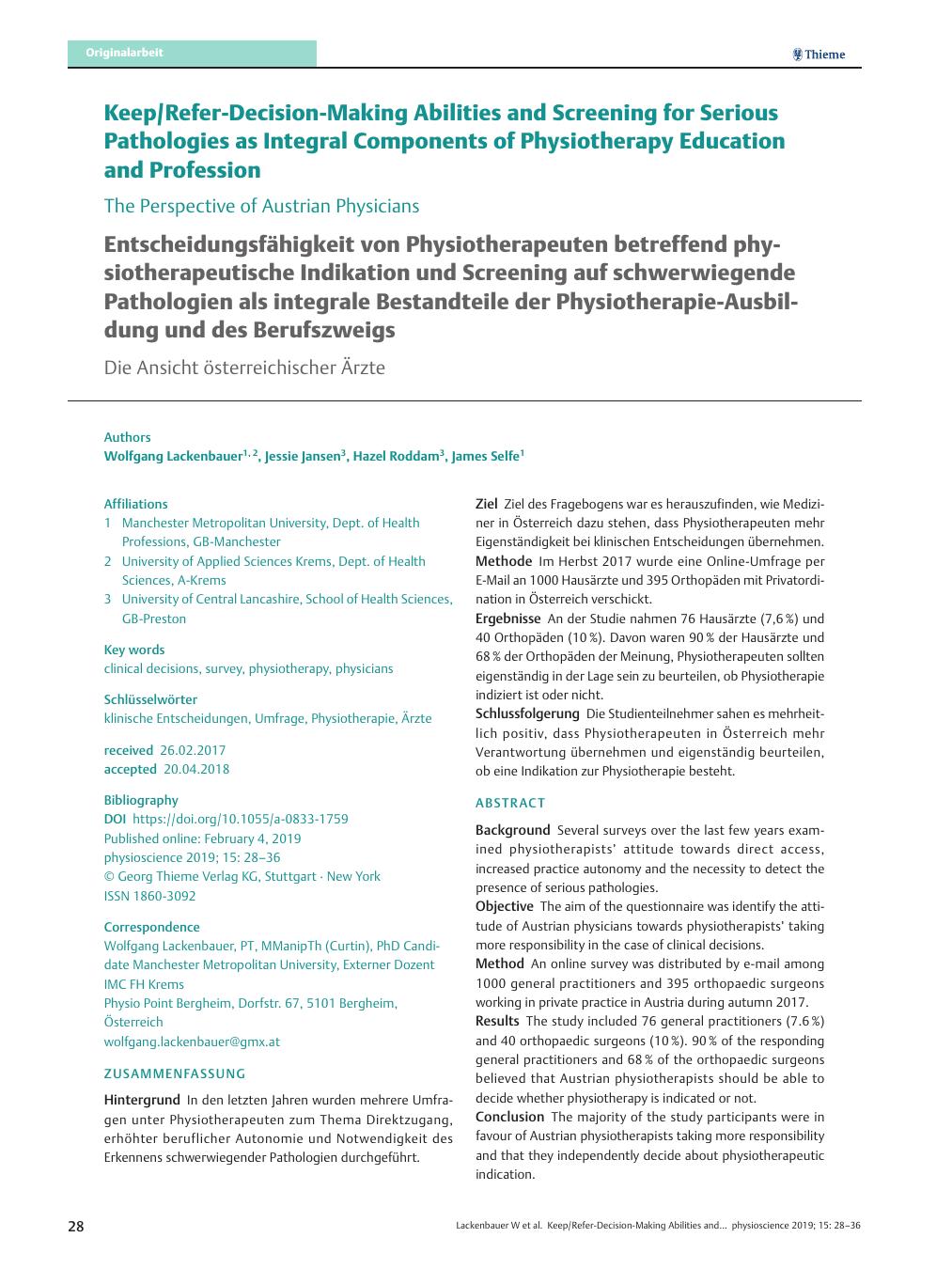 Vorschauseite 1: Keep/Refer-Decision-Making Abilities and Screening for Serious Pathologies as Integral Components of Physiotherapy Education and Profession