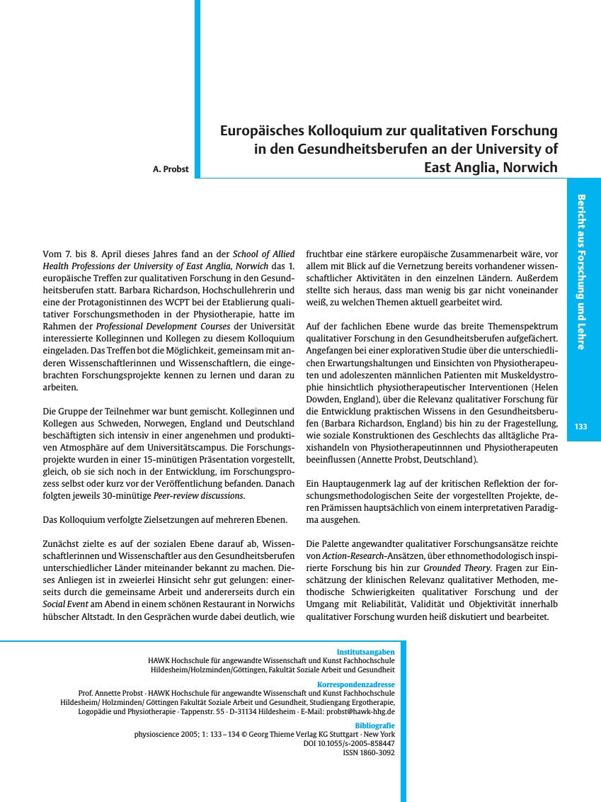 Vorschauseite 1: Europäisches Kolloquium zur qualitativen Forschung in den Gesundheitsberufen an der University of East Anglia, Norwich