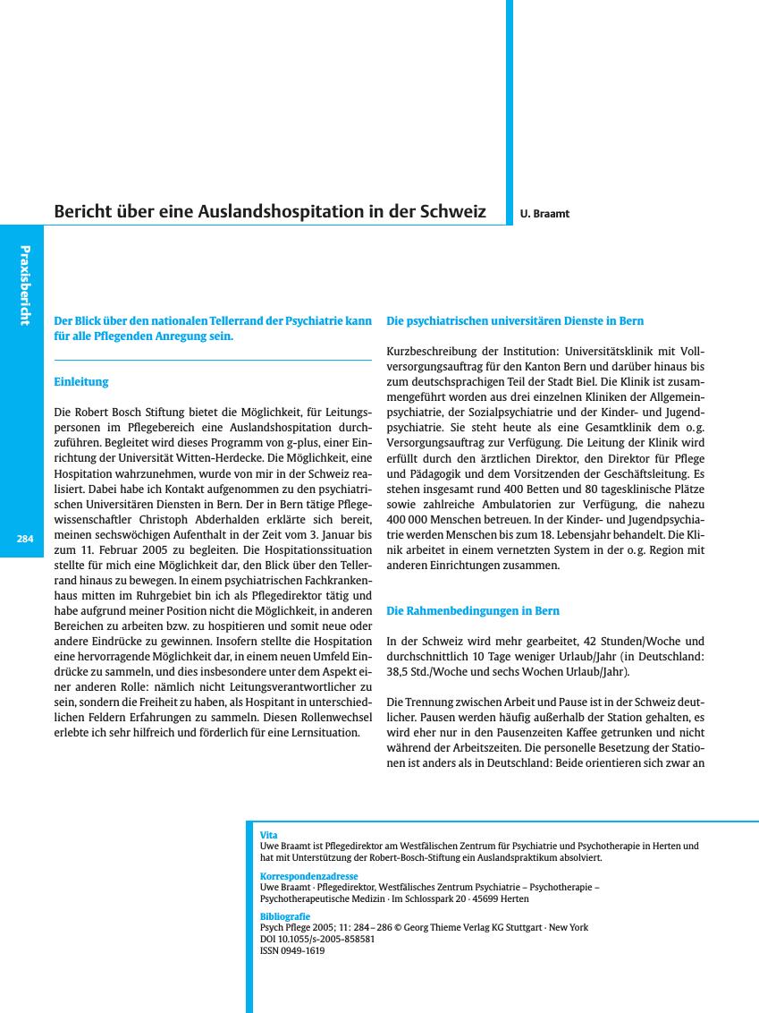 Vorschauseite 1: Bericht über eine Auslandshospitation in der Schweiz