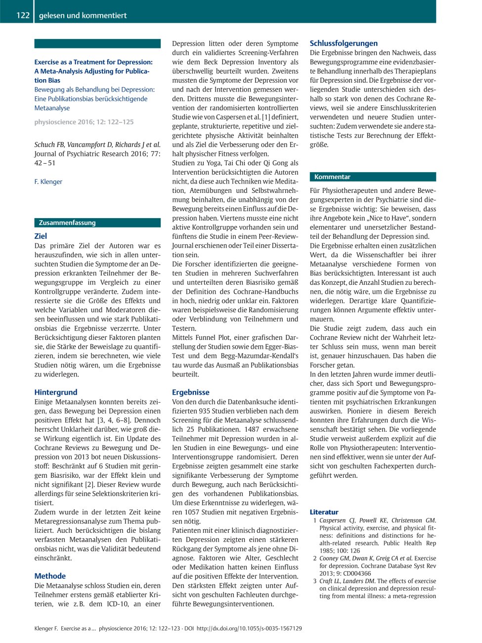 Vorschauseite 1: Exercise as a Treatment for Depression: A Meta-Analysis Adjusting for Publication Bias