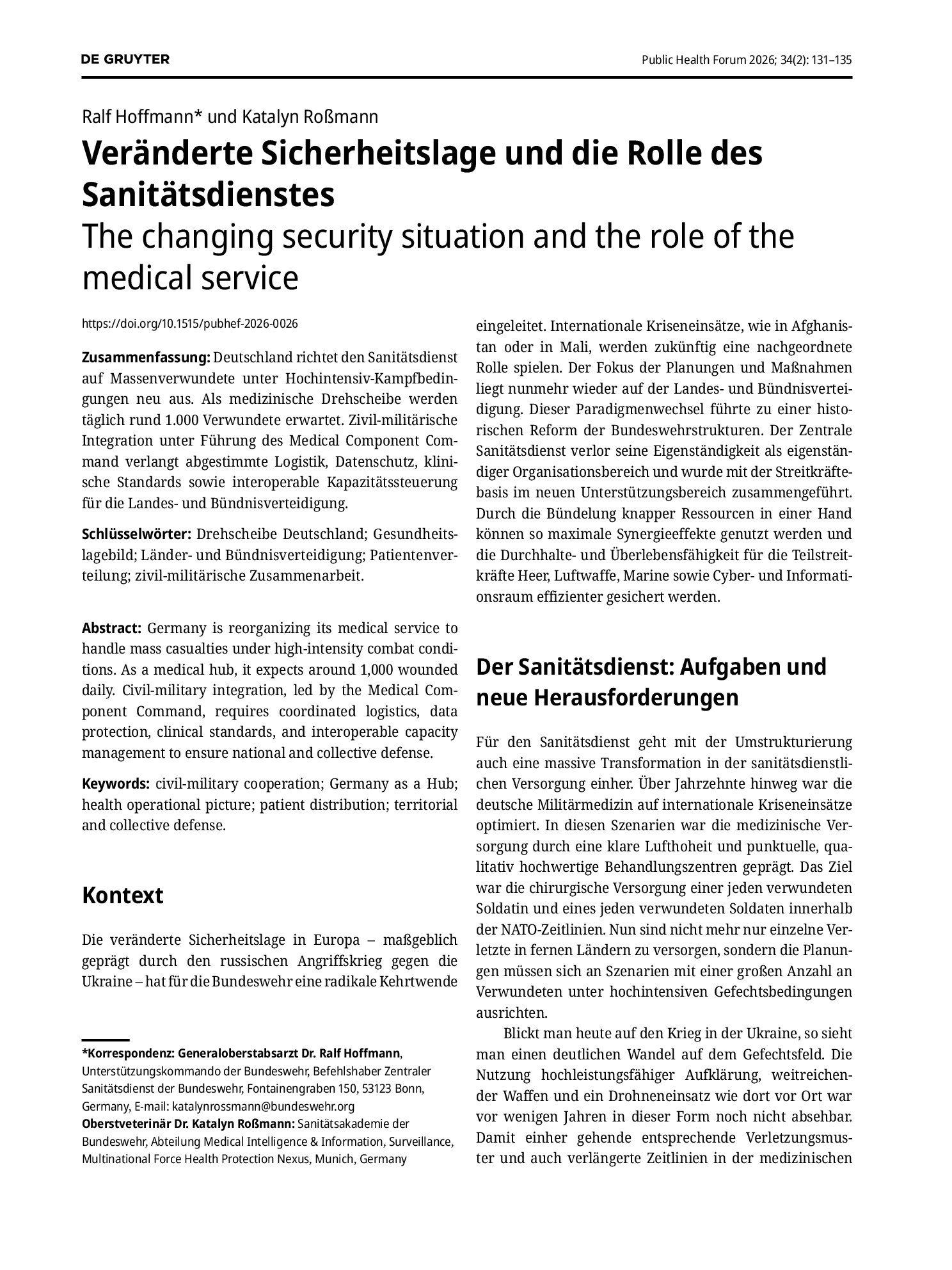 Vorschauseite 1: Veränderte Sicherheitslage und die Rolle des Sanitätsdienstes