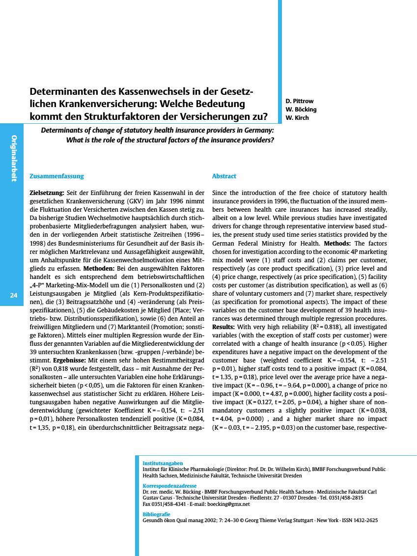 Vorschauseite 1: Determinanten des Kassenwechsels in der Gesetzlichen Krankenversicherung: Welche Bedeutung kommt den Strukturfaktoren der Versicherungen zu?