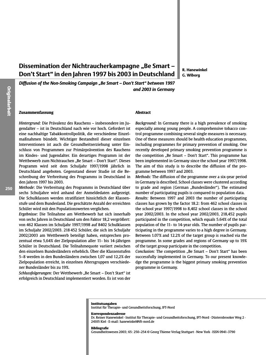 Vorschauseite 1: Dissemination der Nichtraucherkampagne „Be Smart - Don’t Start” in den Jahren 1997 bis 2003 in Deutschland