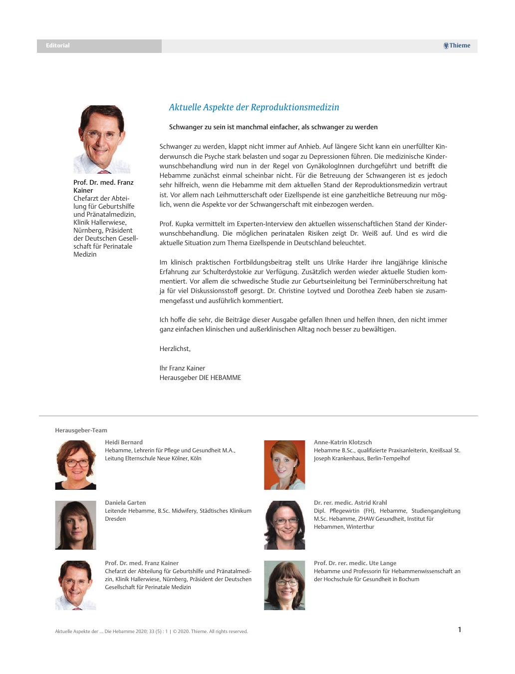 Vorschauseite 1: Aktuelle Aspekte der Reproduktionsmedizin