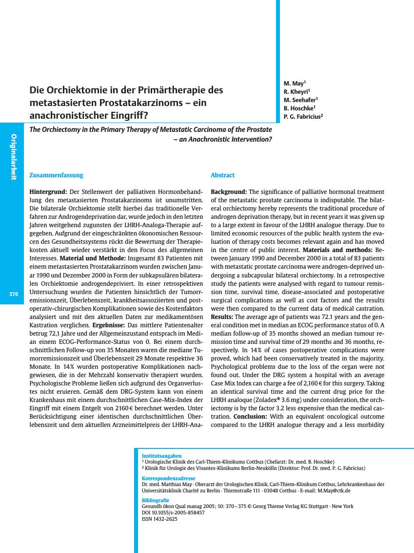 Vorschauseite 1: Die Orchiektomie in der Primärtherapie des metastasierten Prostatakarzinoms - ein anachronistischer Eingriff?