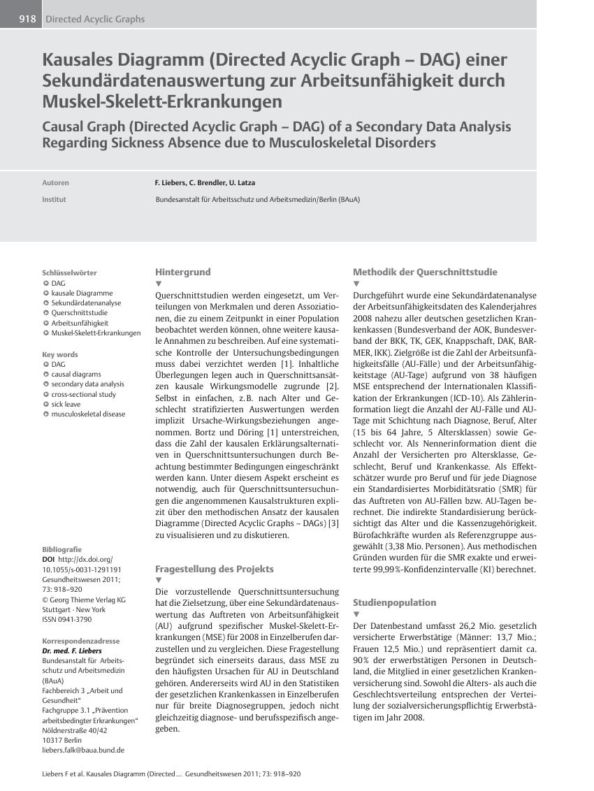 Vorschauseite 1: Kausales Diagramm (Directed Acyclic Graph – DAG) einer Sekundärdatenauswertung zur Arbeitsunfähigkeit durch Muskel-Skelett-Erkrankungen