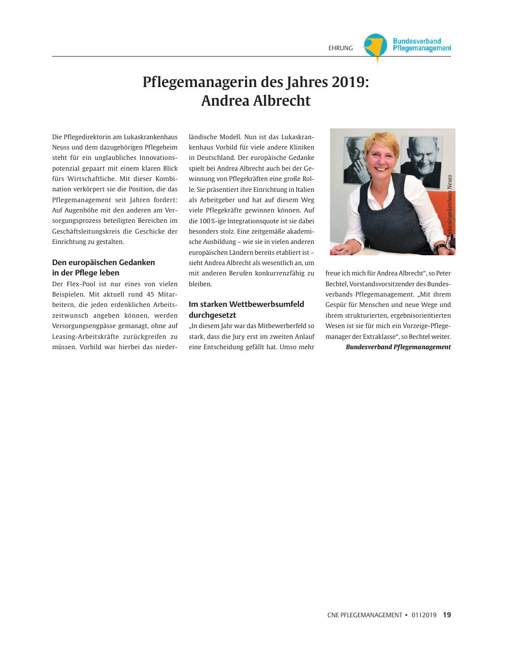 Vorschauseite 1: Pflegemanagerin des Jahres 2019: Andrea Albrecht