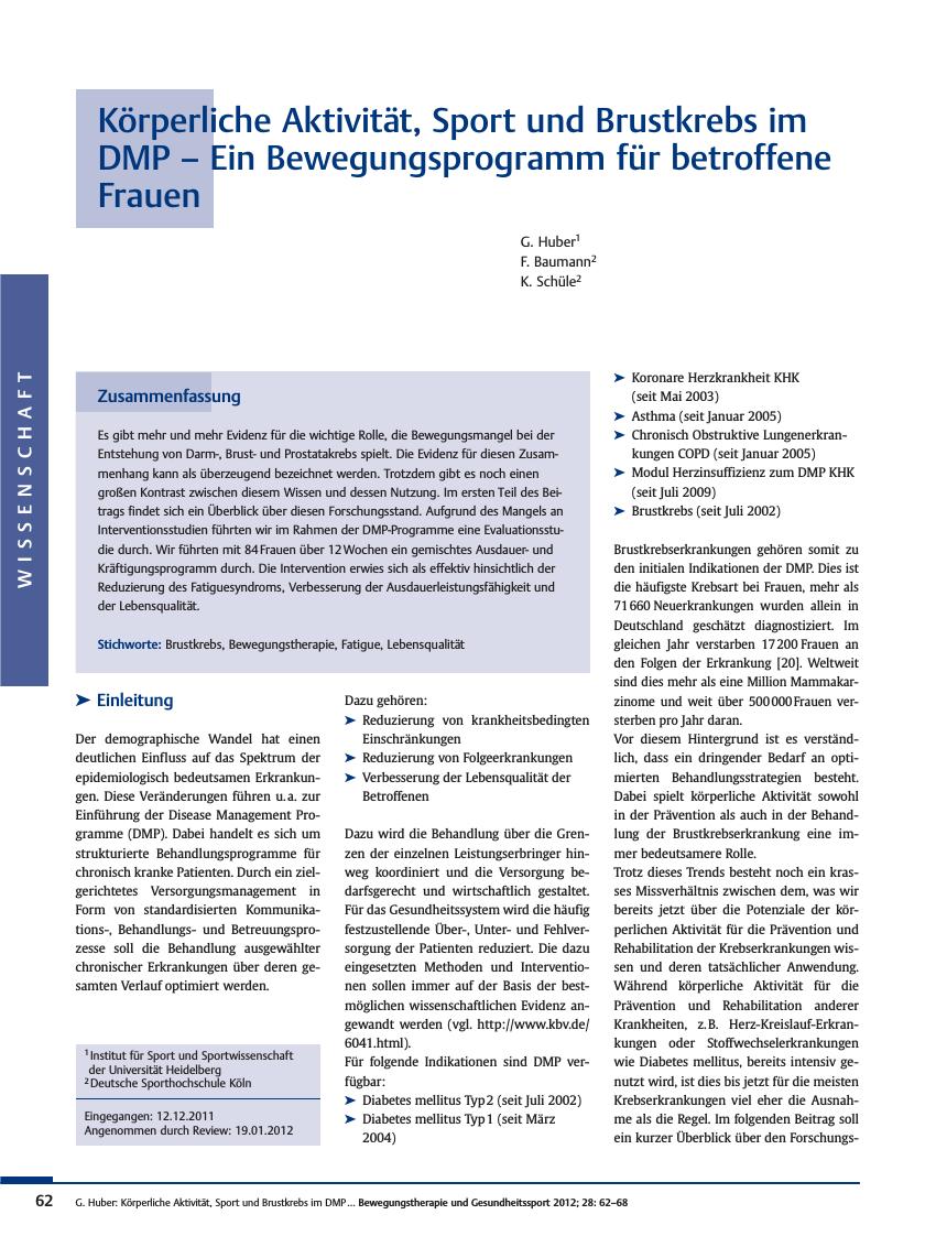 Vorschauseite 1: Körperliche Aktivität, Sport und Brustkrebs im DMP – Ein Bewegungsprogramm für betroffene Frauen