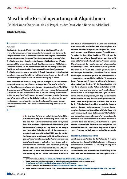 Vorschauseite 1: Maschinelle Verschlagwortung mit Algorithmen: Ein Blick in die Werkstatt des KI-Projekts der Deutschen Nationalbibliothek