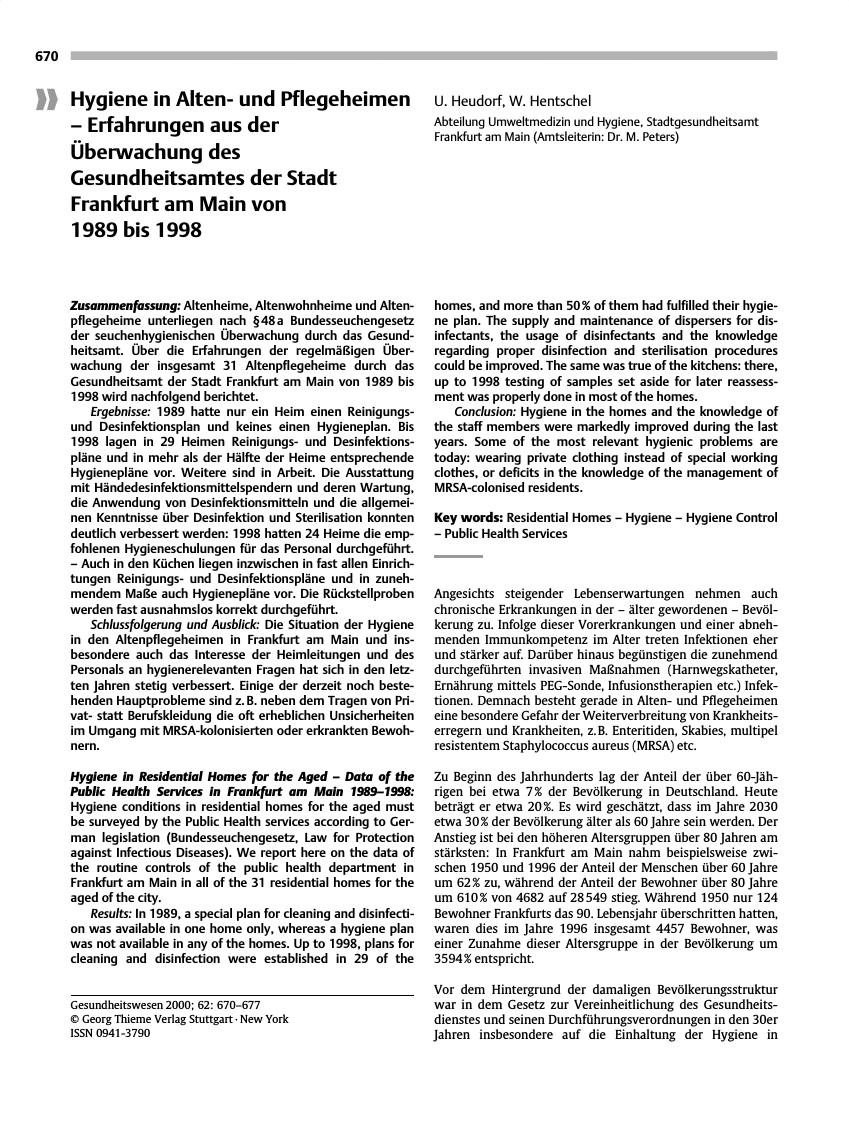 Vorschauseite 1: Hygiene in Altenund Pflegeheimen - Erfahrungen aus der Überwachung des Gesundheitsamtes der Stadt Frankfurt am Main von 1989 bis 1998