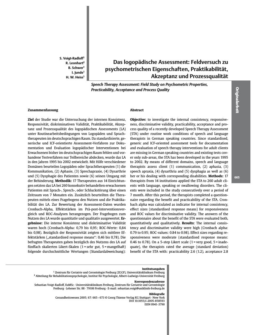Vorschauseite 1: Das logopädische Assessment: Feldversuch zu psychometrischen Eigenschaften, Praktikabilität, Akzeptanz und Prozessqualität