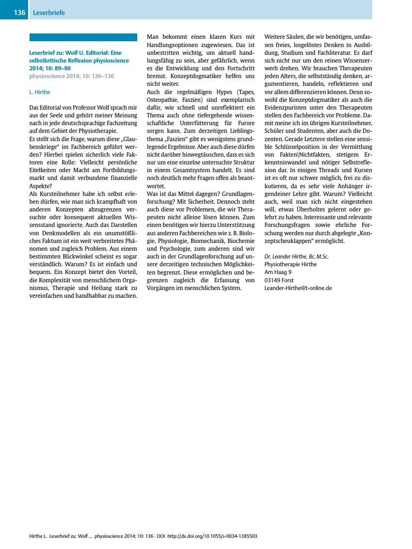 Vorschauseite 1: Leserbrief zu: Wolf U. Editorial: Eine selbstkritische Reflexion physioscience 2014; 10: 89?90
