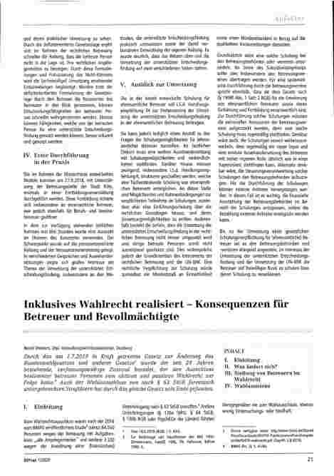 Vorschauseite 1: Inklusives Wahlrecht realisiert - Konsequenzen für Betreuer und Bevollmächtigte