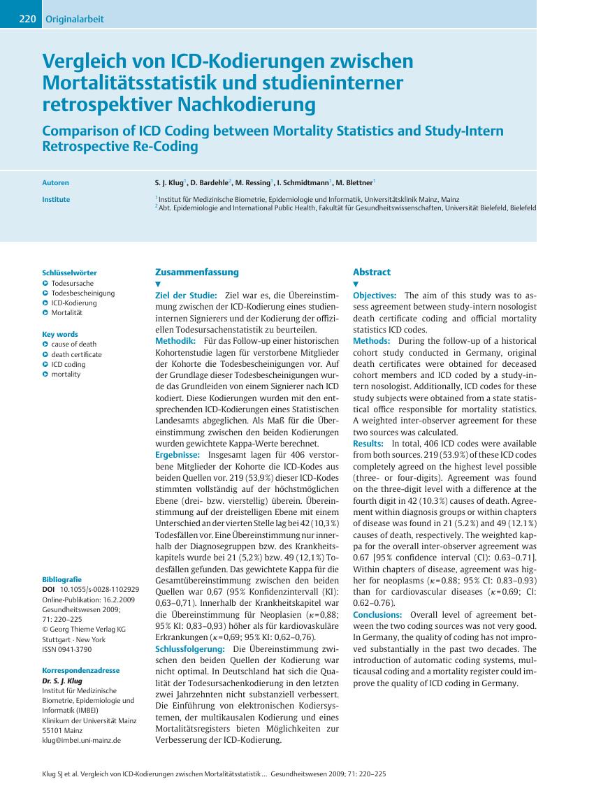 Vorschauseite 1: Vergleich von ICD-Kodierungen zwischen Mortalitätsstatistik und studieninterner retrospektiver Nachkodierung