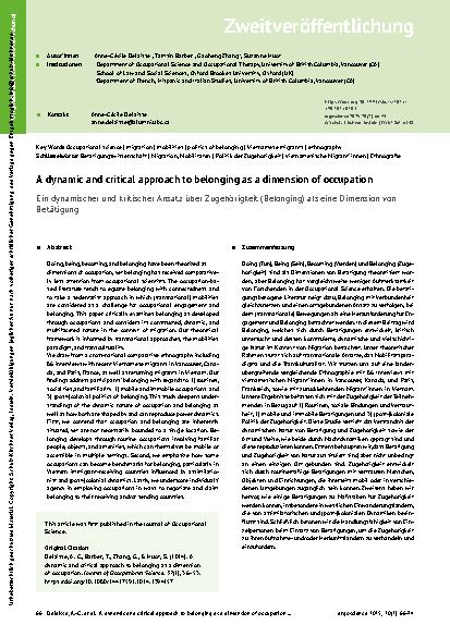 Vorschauseite 1: Ein dynamischer und kritischer Ansatz über Zugehörigkeit (Belonging) als eine Dimension von Betätigung