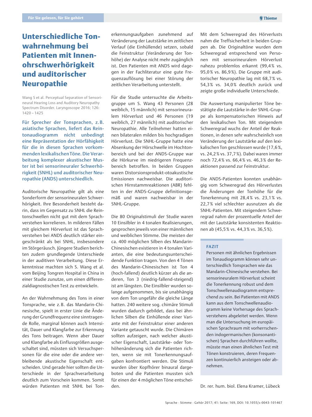 Vorschauseite 1: Unterschiedliche Tonwahrnehmung bei Patienten mit Innenohrschwerhörigkeit und auditorischer Neuropathie