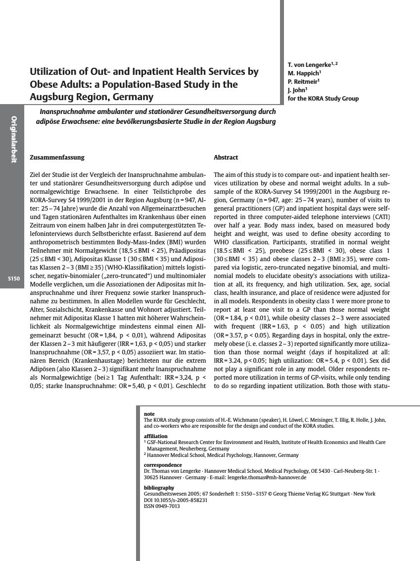 Vorschauseite 1: Utilization of Outand Inpatient Health Services by Obese Adults: a Population-Based Study in the Augsburg Region, Germany