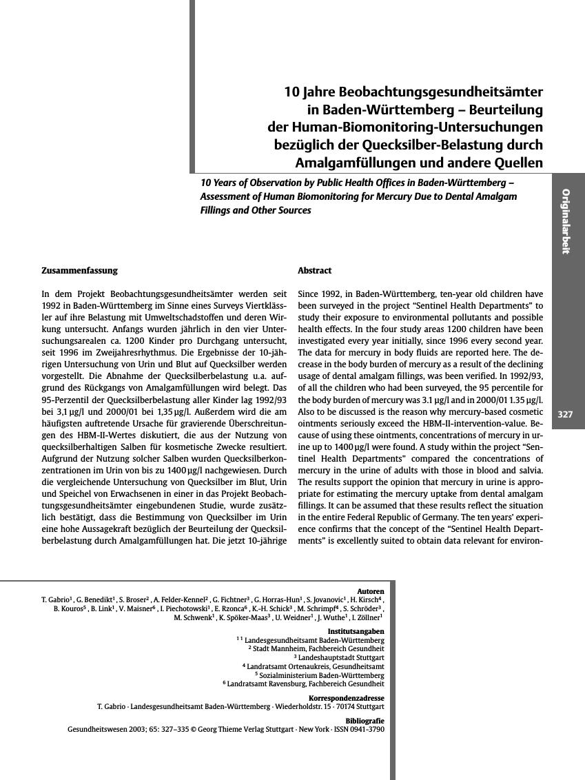 Vorschauseite 1: 10 Jahre Beobachtungsgesundheitsämter in Baden-Württemberg - Beurteilung der Human-Biomonitoring-Untersuchungen bezüglich der Quecksilber-Belastung durch Amalgamfüllungen und ande…