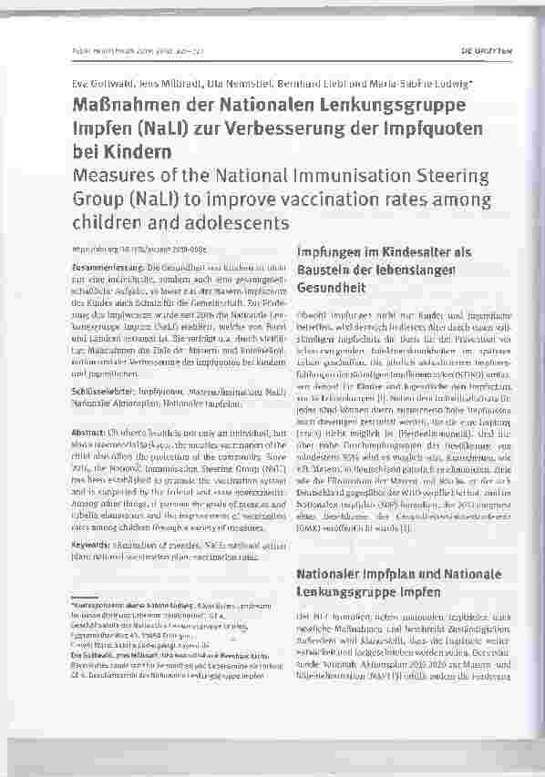 Vorschauseite 1: Maßnahmen der Nationalen Lenkungsgruppe Impfen (NaLI) zur Verbesserung der Impfquoten bei Kindern