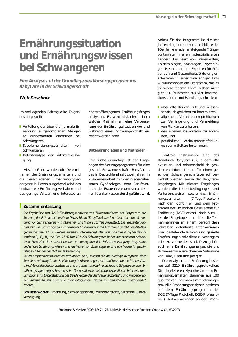 Vorschauseite 1: Ernährungssituation und Ernährungswissen bei Schwangeren - Eine Analyse auf der Grundlage des Vorsorgeprogramms BabyCare in der Schwangerschaft