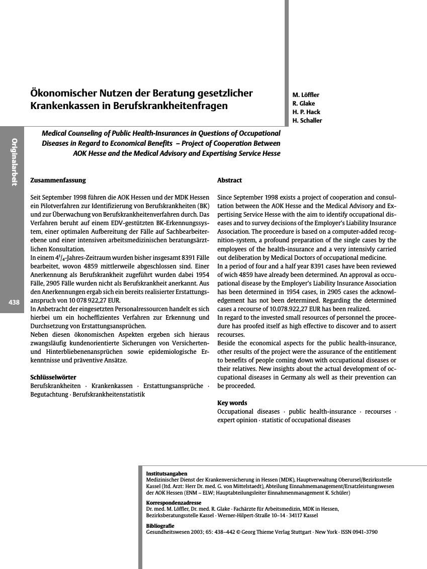 Vorschauseite 1: Ökonomischer Nutzen der Beratung gesetzlicher Krankenkassen in Berufskrankheitenfragen