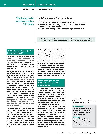 Vorschauseite 1: Wohlbefinden in der Anästhesiologie – 10 Thesen