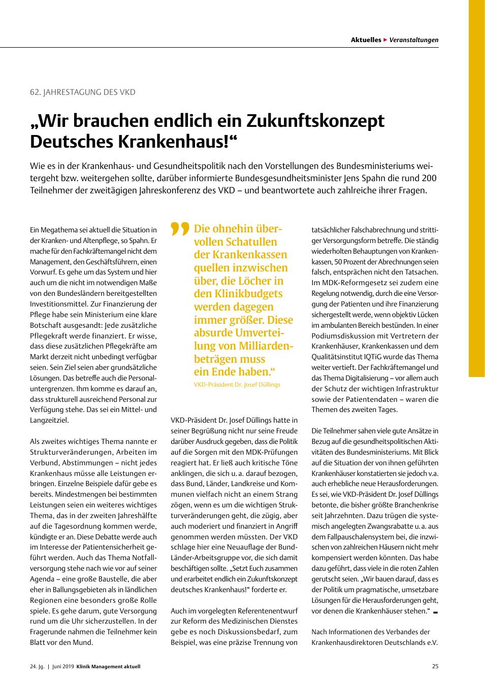 Vorschauseite 1: 62. Jahrestagung des VKD: „Wir brauchen endlich ein Zukunftskonzept Deutsches Krankenhaus! “