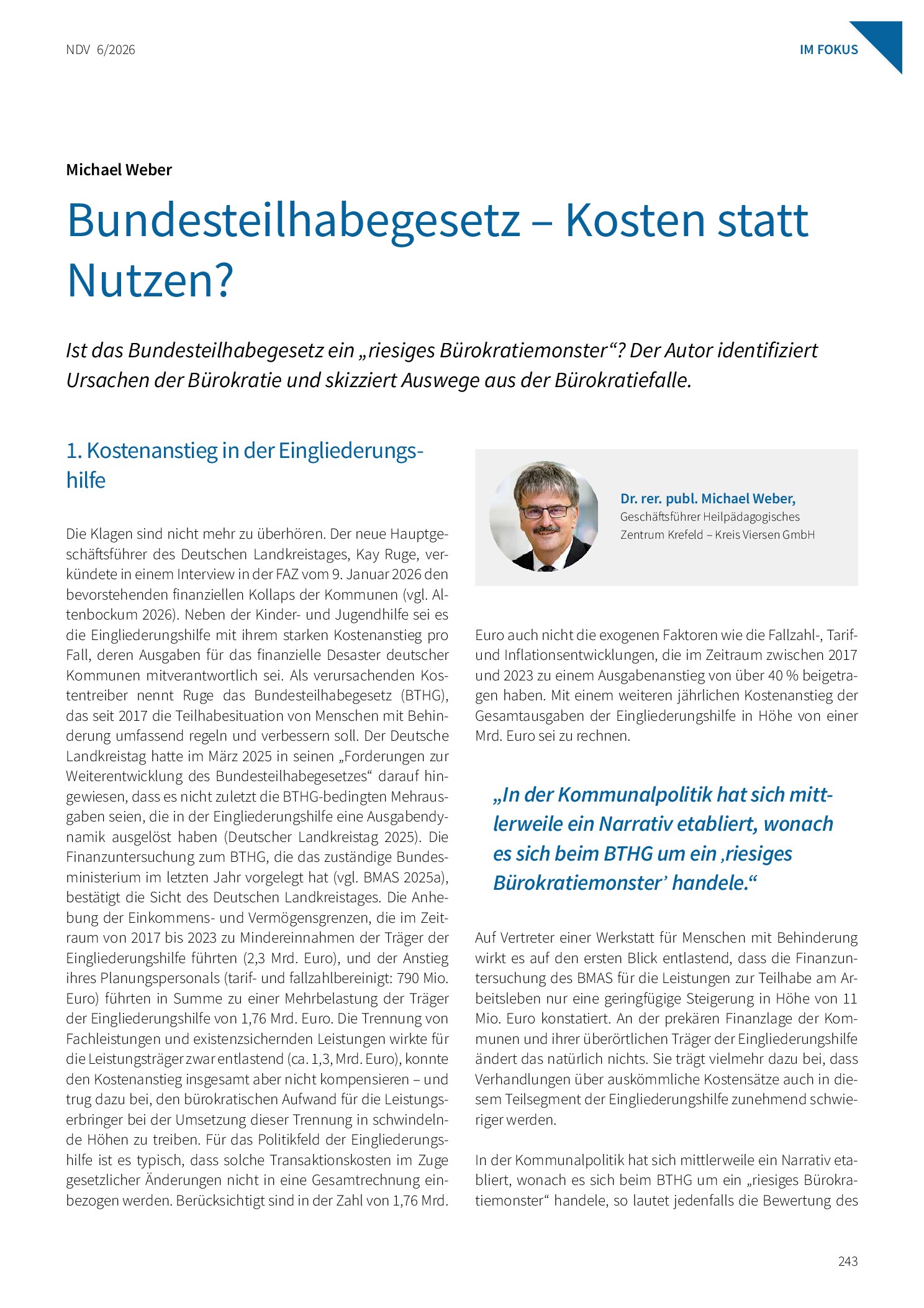 Vorschauseite 1: Bundesteilhabegesetz – Kosten statt Nutzen?