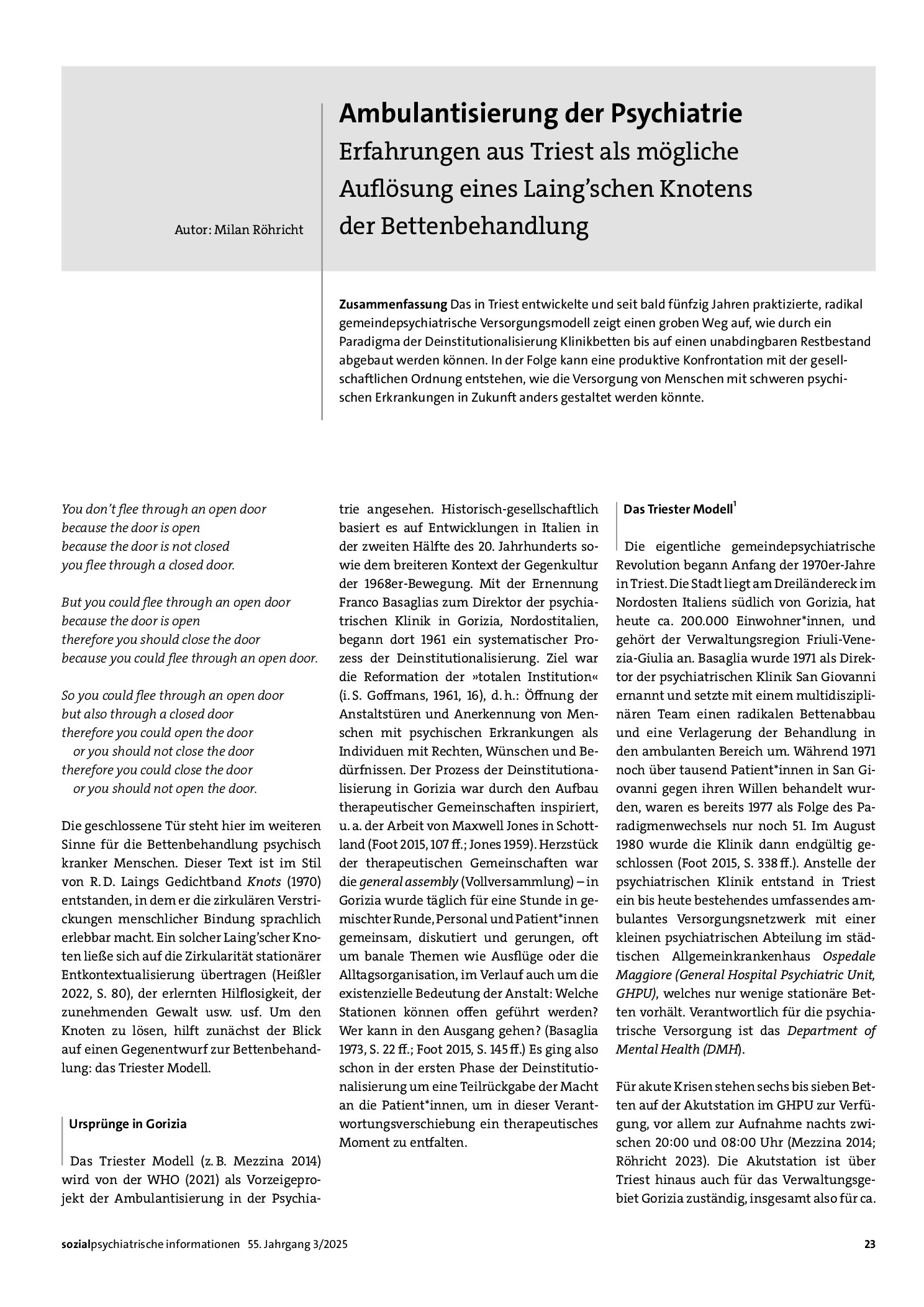 Vorschauseite 1: Ambulantisierung der Psychiatrie: Erfahrungen aus Triest als mögliche Auflösung eines Laing’schen Knotens