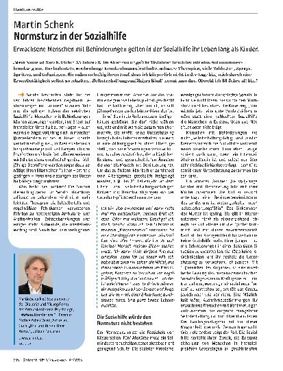Vorschauseite 1: Normsturz in der Sozialhilfe: Erwachsene Menschen mit Behinderungen gelten in der Sozialhilfe ihr Leben lang als Kinder.