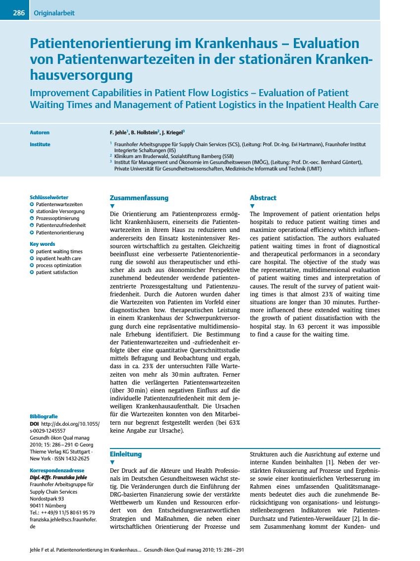 Vorschauseite 1: Patientenorientierung im Krankenhaus – Evaluation von Patientenwartezeiten in der stationären Krankenhausversorgung