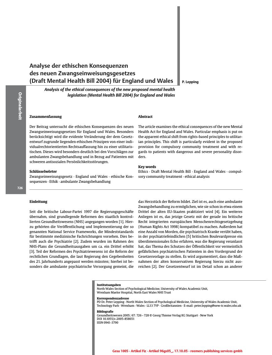 Vorschauseite 1: Analyse der ethischen Konsequenzen des neuen Zwangseinweisungsgesetzes (Draft Mental Health Bill 2004) für England und Wales