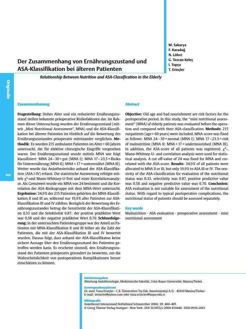 Vorschauseite 1: Der Zusammenhang von Ernährungszustand und ASA-Klassifikation bei älteren Patienten