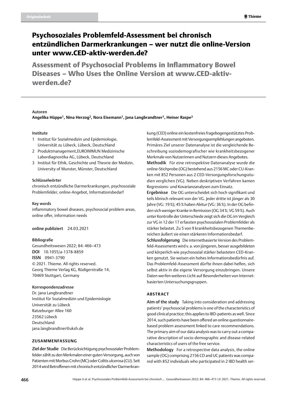 Vorschauseite 1: Psychosoziales Problemfeld-Assessment bei chronisch entzündlichen Darmerkrankungen – wer nutzt die Online-Version unter www. CED-aktiv-werden. de?