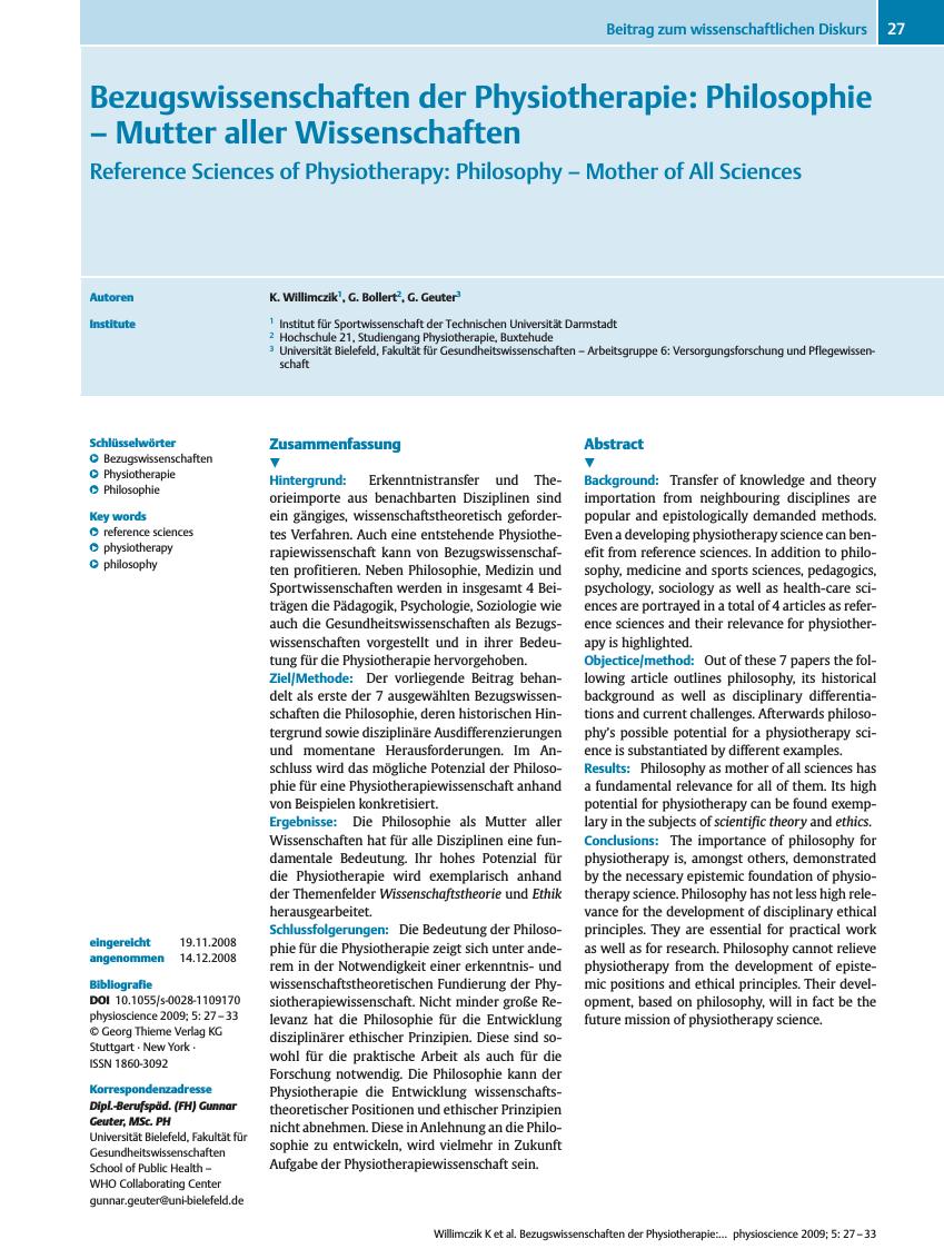 Vorschauseite 1: Bezugswissenschaften der Physiotherapie: Philosophie – Mutter aller Wissenschaften