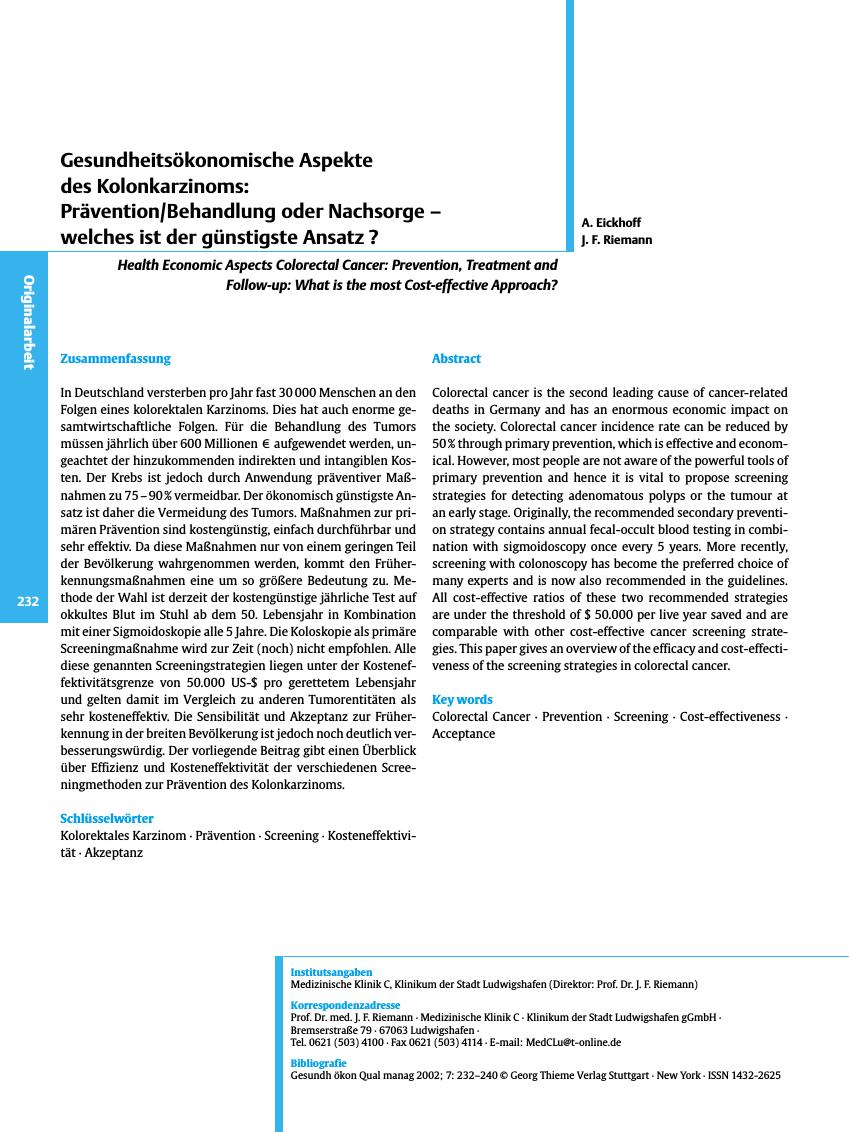 Vorschauseite 1: Gesundheitsökonomische Aspekte des Kolonkarzinoms: Prävention/Behandlung oder Nachsorge - welches ist der günstigste Ansatz?