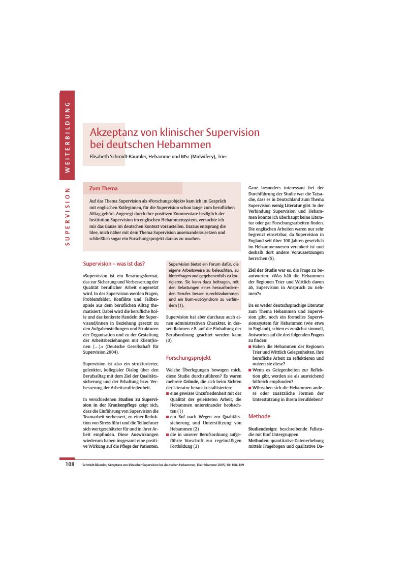 Vorschauseite 1: Akzeptanz von klinischer Supervision bei deutschen Hebammen