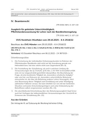 Vorschauseite 1: IV. Beamtenrecht Ausgleich für geleistete Unterrichtstätigkeit; Pflichtstundenzuweisung für Lehrer nach der Bandbreitenregelung