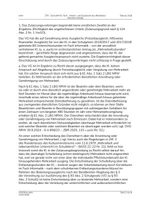 Vorschauseite 2: IV. Beamtenrecht Ausgleich für geleistete Unterrichtstätigkeit; Pflichtstundenzuweisung für Lehrer nach der Bandbreitenregelung