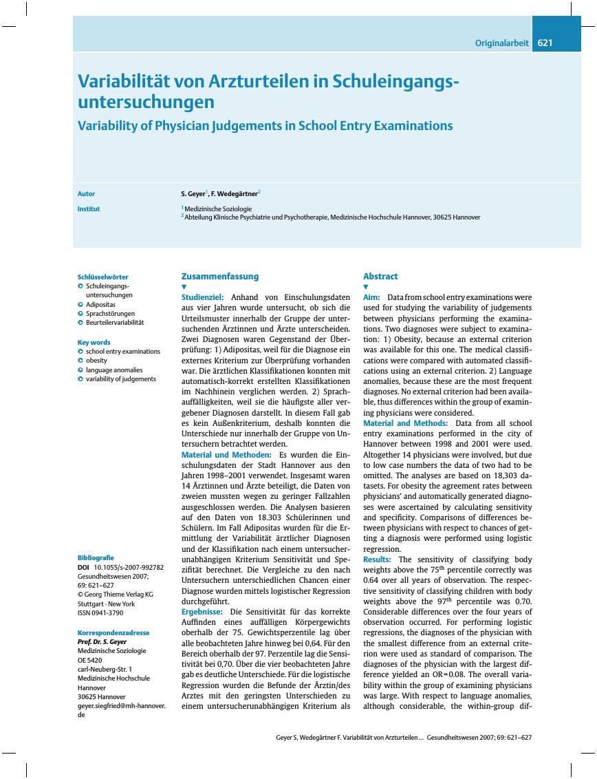 Vorschauseite 1: Variabilität von Arzturteilen in Schuleingangsuntersuchungen
