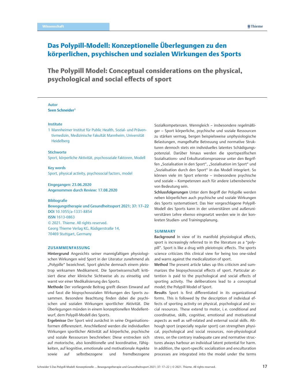Vorschauseite 1: Das Polypill-Modell: Konzeptionelle Überlegungen zu den körperlichen, psychischen und sozialen Wirkungen des Sports