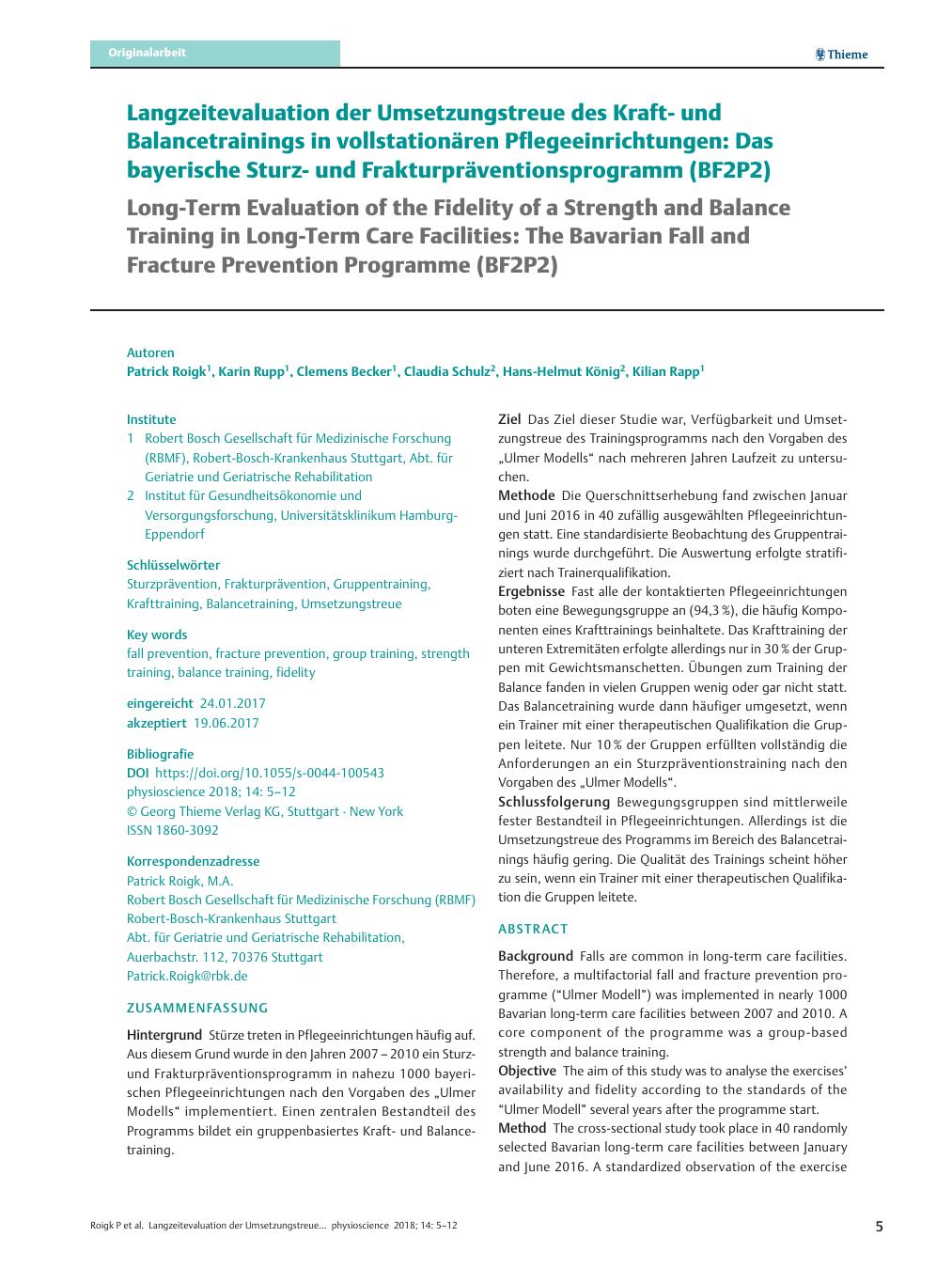 Vorschauseite 1: Langzeitevaluation der Umsetzungstreue des Kraftund Balancetrainings in vollstationären Pflegeeinrichtungen: Das bayerische Sturzund Frakturpräventionsprogramm (BF2P2)