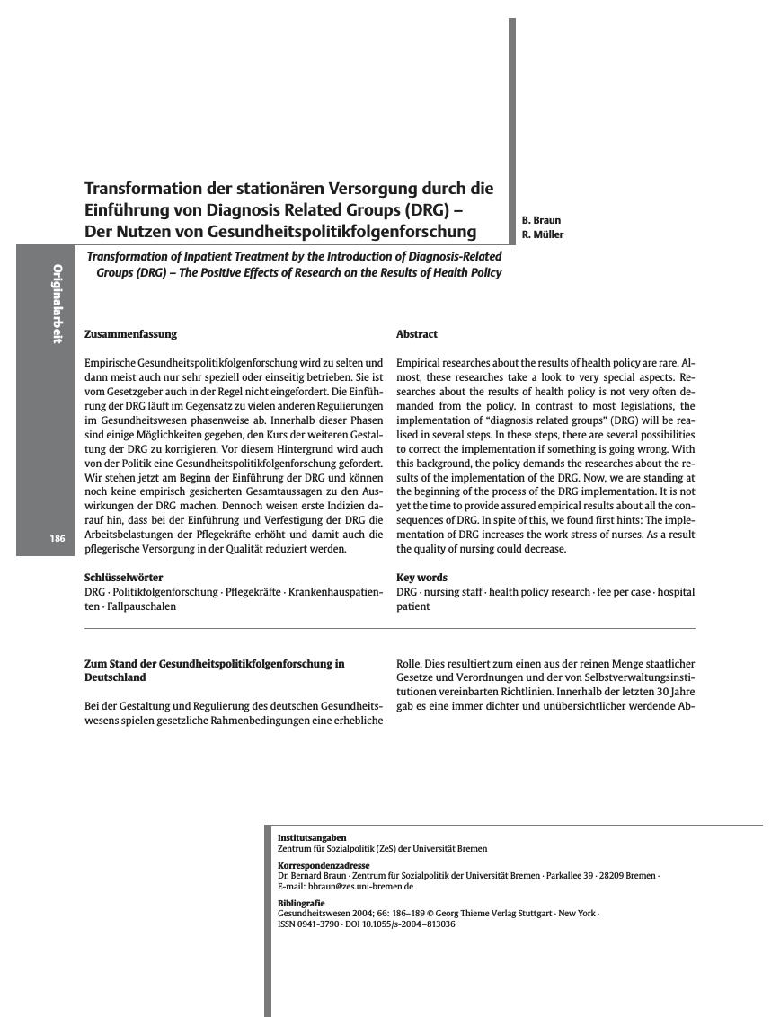 Vorschauseite 1: Transformation der stationären Versorgung durch die Einführung von Diagnosis Related Groups (DRG) - Der Nutzen von Gesundheitspolitikfolgenforschung